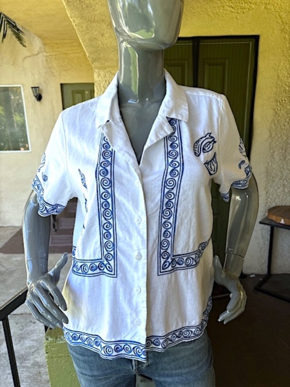 MADEWELL X LISA SAYS GAH Embroidered S/S Linen Camp Shirt EUC/sz S - Picture 6 of 13